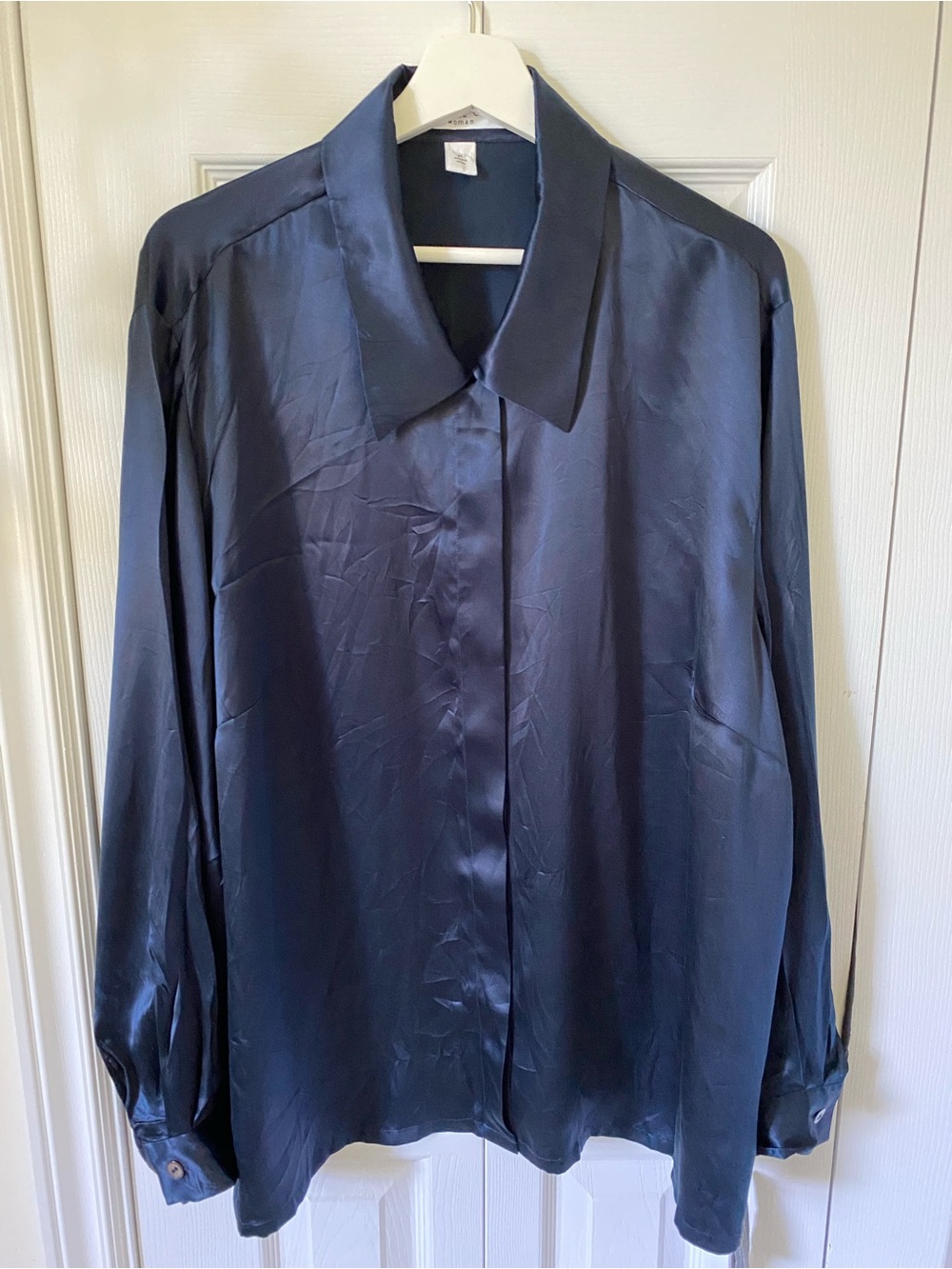 100% Silk Josephine Chaus Woman Dark Navy Satin Button-Up Blouse